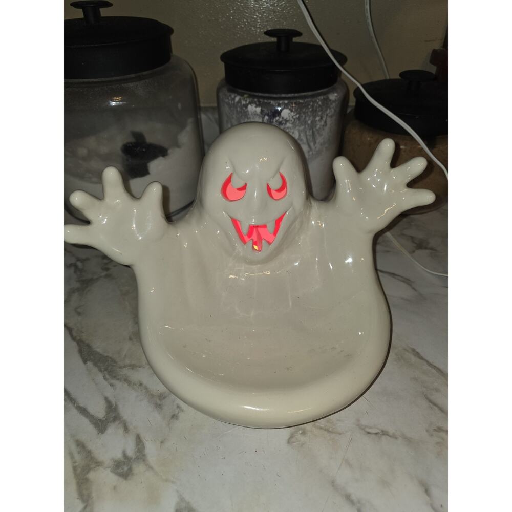 Vintage 1990 Spooky Ghost Lighted Ceramic Candy Dish Decoration Halloween Large